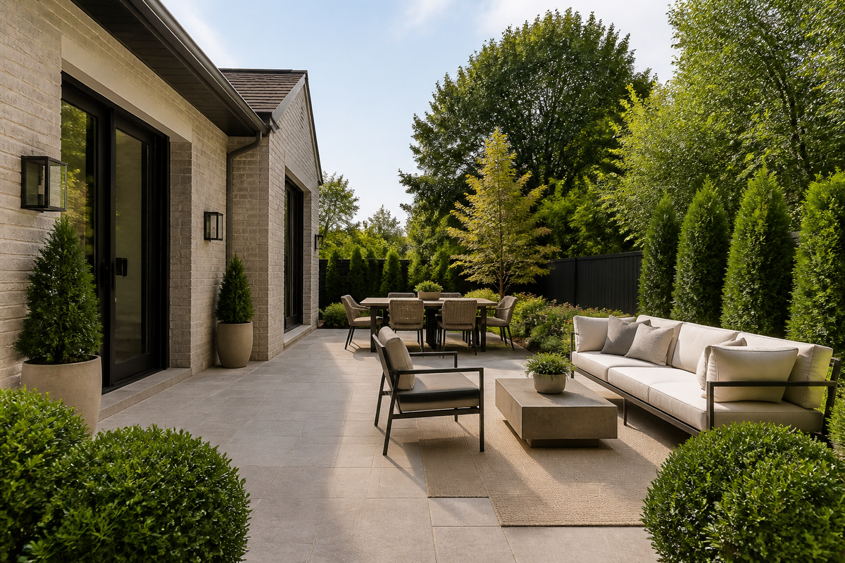 Patio with an outdoor seating set arranged with clear walking space