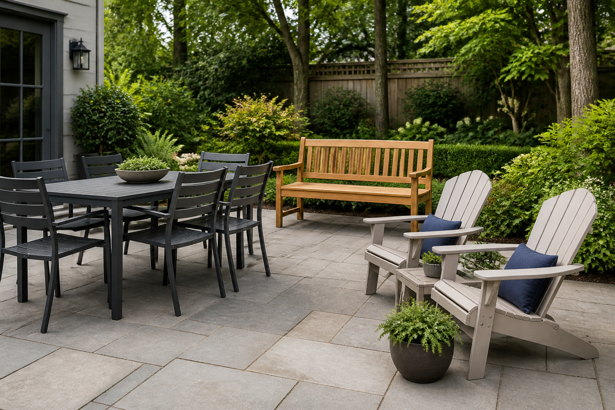 Outdoor patio with powder-coated aluminum furniture, teak seating, and HDPE chairs in daylight.