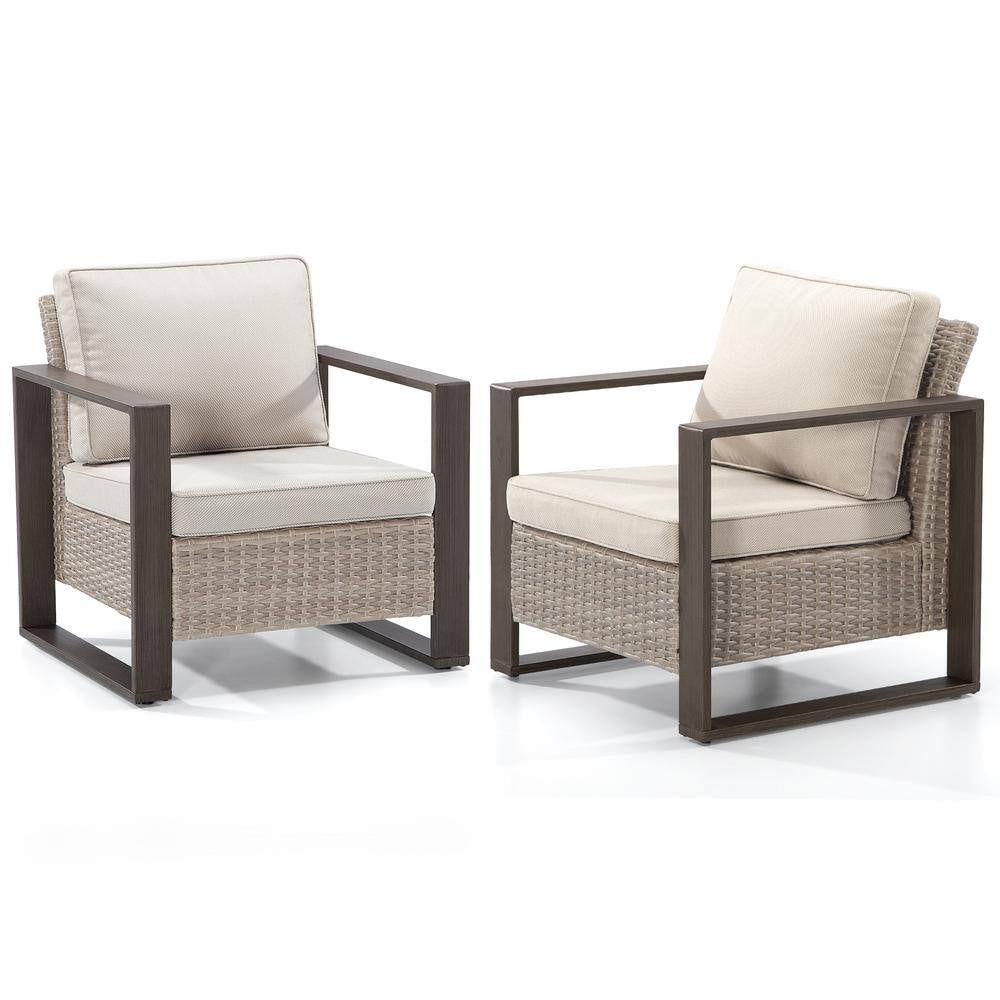 2-Piece Patio Wicker Outdoor Lounge Chair with Metal Frame and Beige Cushions