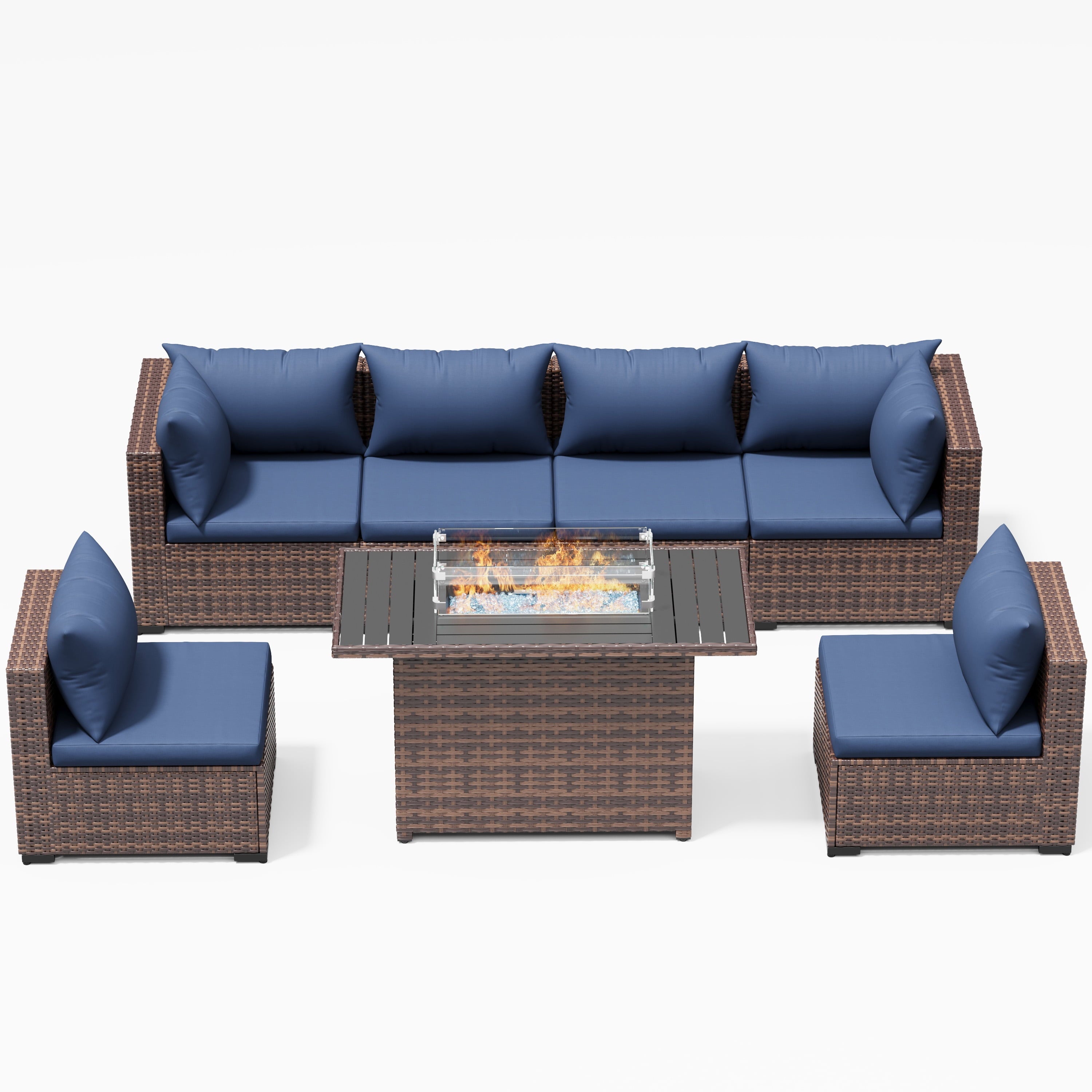 Patio Furniture Set, Outdoor Patio Furniturewicker Sectional Furniture Set, 7 Pieces Outdoor Sectional Sofa with Fire Pit Table, Outdoor Patio Furniture Set for Outdoor Furniture (Navy Blue)