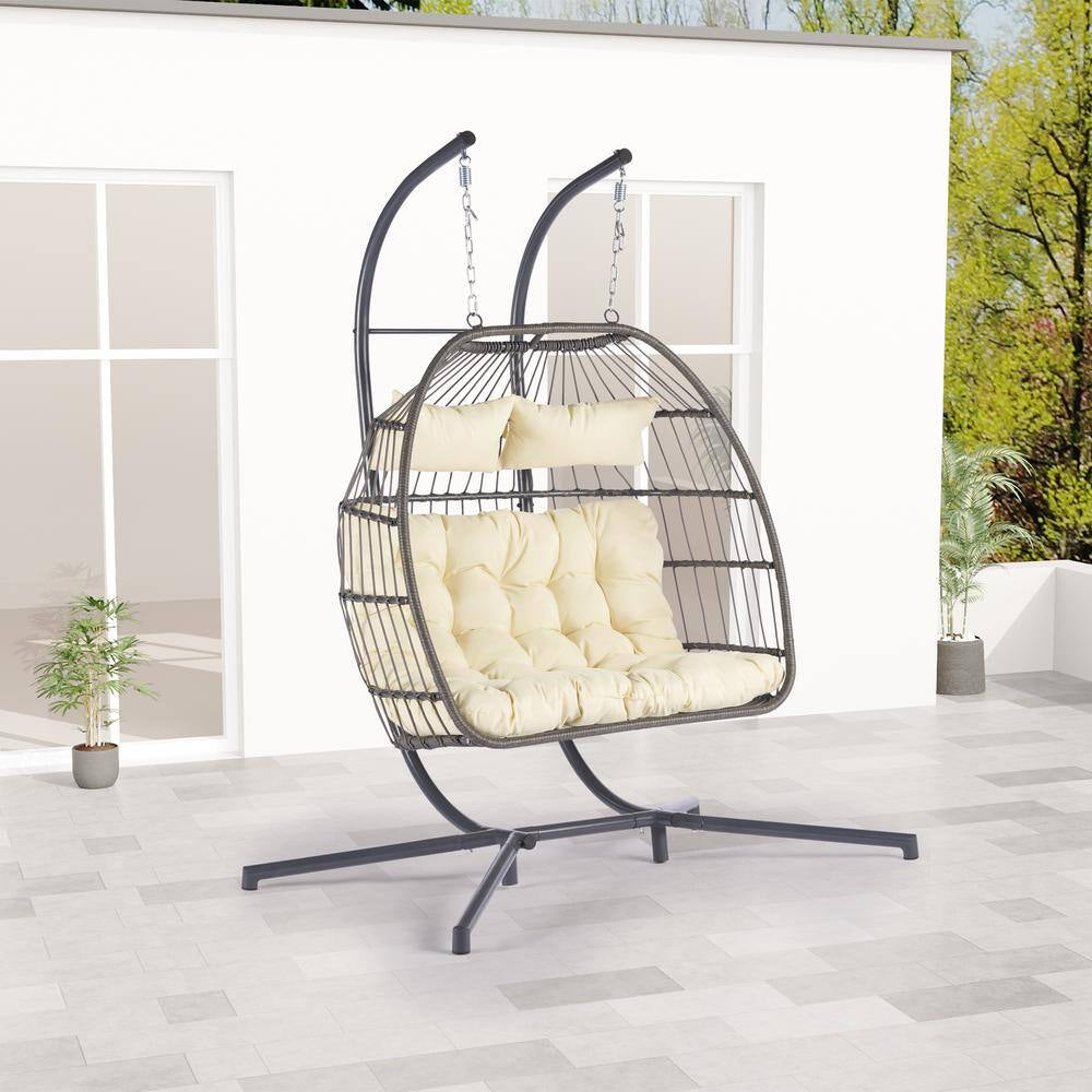 2 Person Gray Wicker Porch Egg Swing Chair with Beige Cushion and Stand