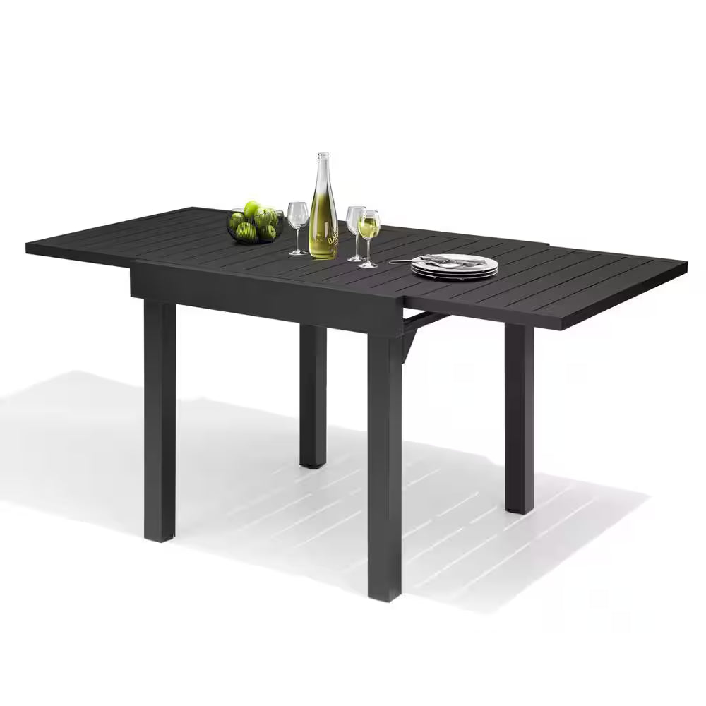 Dark Gray Rectangular Aluminum Outdoor Patio Dining Table with Extension 63 In.