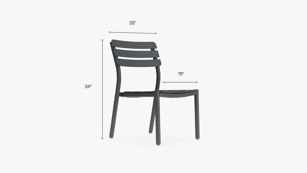 Sleek armless dining chair in dark gray, featuring a contemporary slatted back design and sturdy aluminum frame.