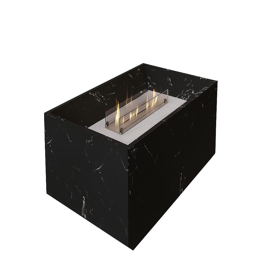 Black Marble Coffee Table with Built-in Fireplace