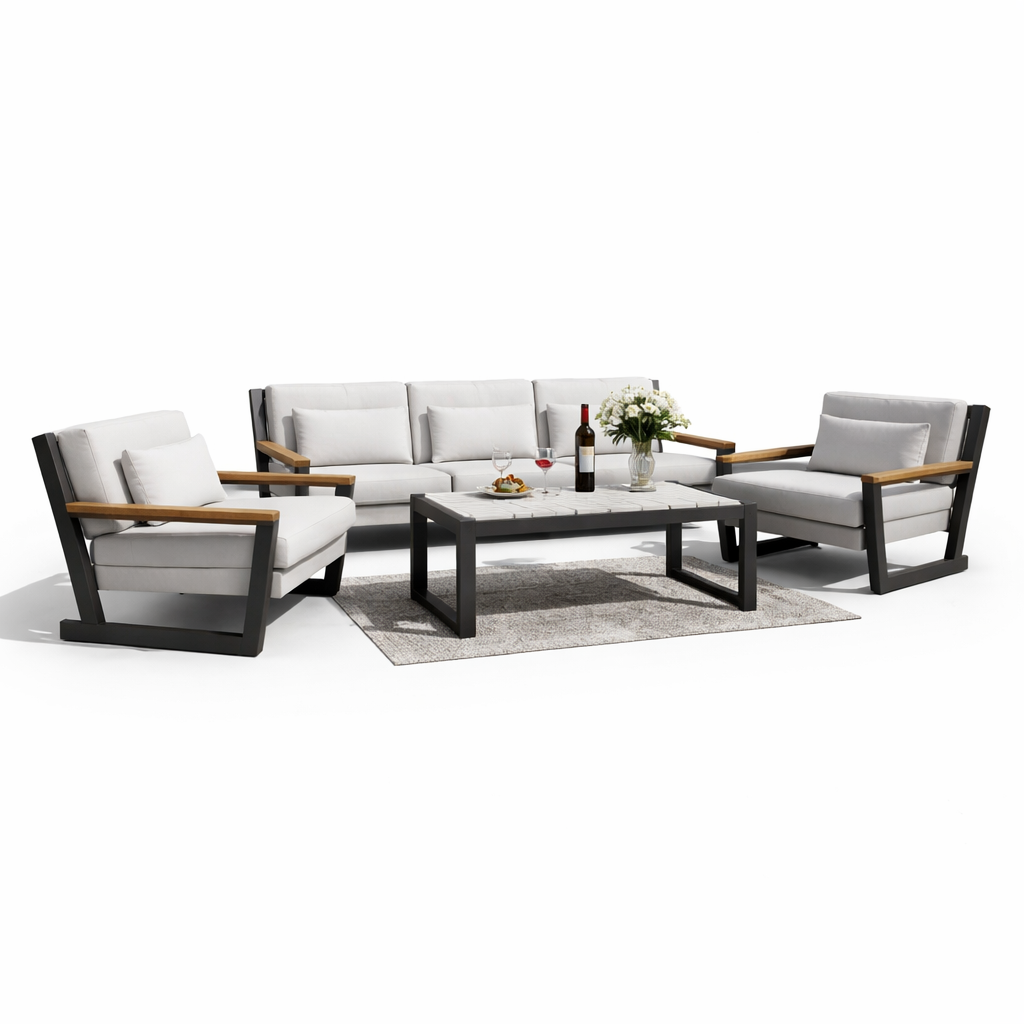 Aluminum Outdoor Patio Furniture Set 5 Seat, Patio Conversation Set with Durable Mesh Rope Weaving, Wide Armrests and Seats, Metal Sofa Set for Patio Grey