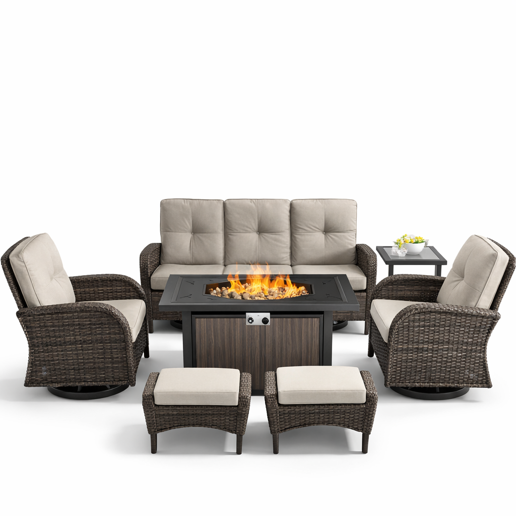 7 Piece Outdoor Patio Furniture Set, Patio Furniture Set with Fire Pit Table Rattan Wicker Patio Furniture Set, Brown Wicker & Beige Cushion