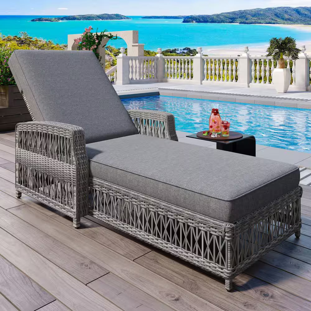 1-Piece Rattan Wicker Outdoor Patio Chaise Lounge Chairs with Adjustable Poolside Loungers Sunlounge and Blue Cushions