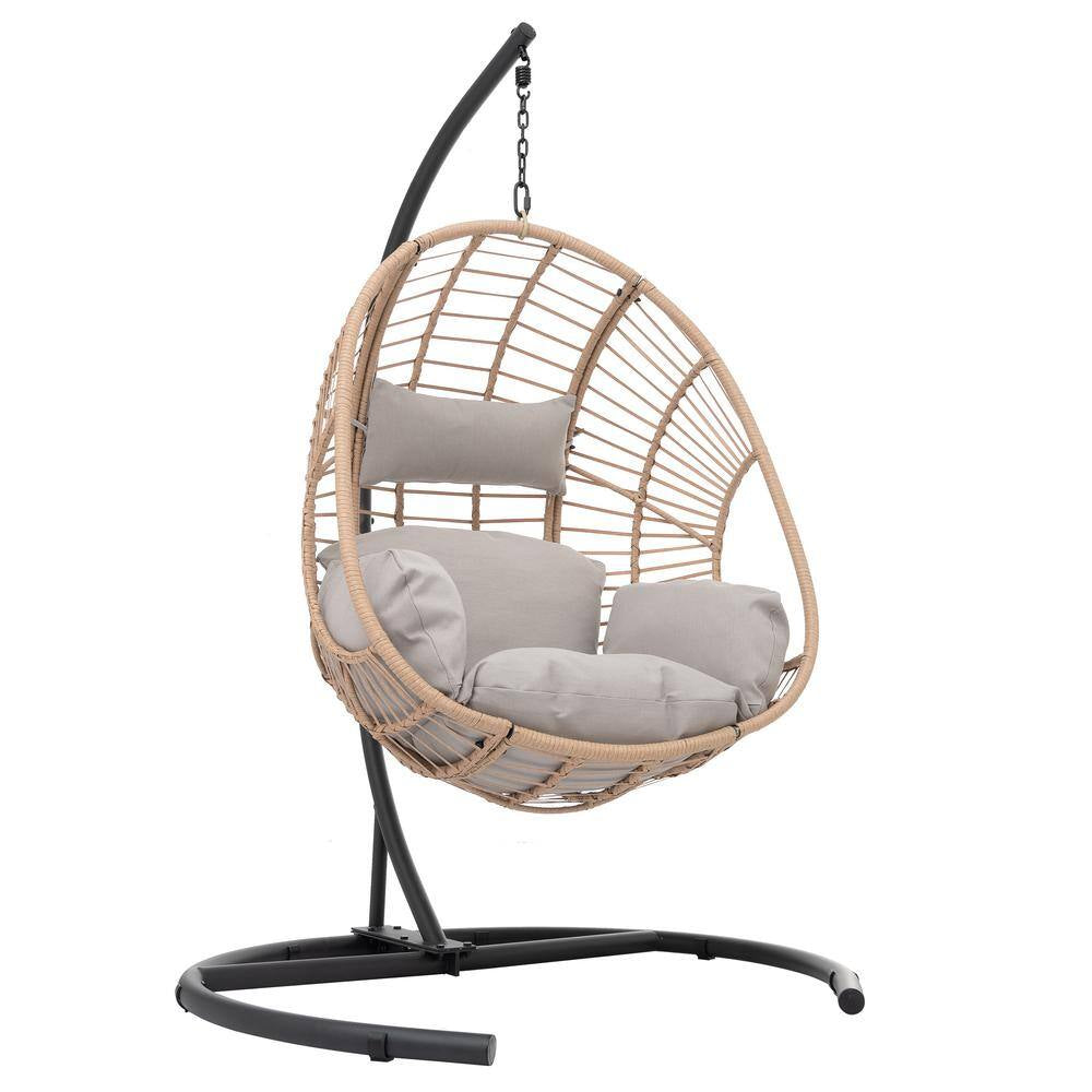 Wicker Patio Swing Outdoor Indoor PE Wicker Swing Egg Chair Hanging Chair in Beige