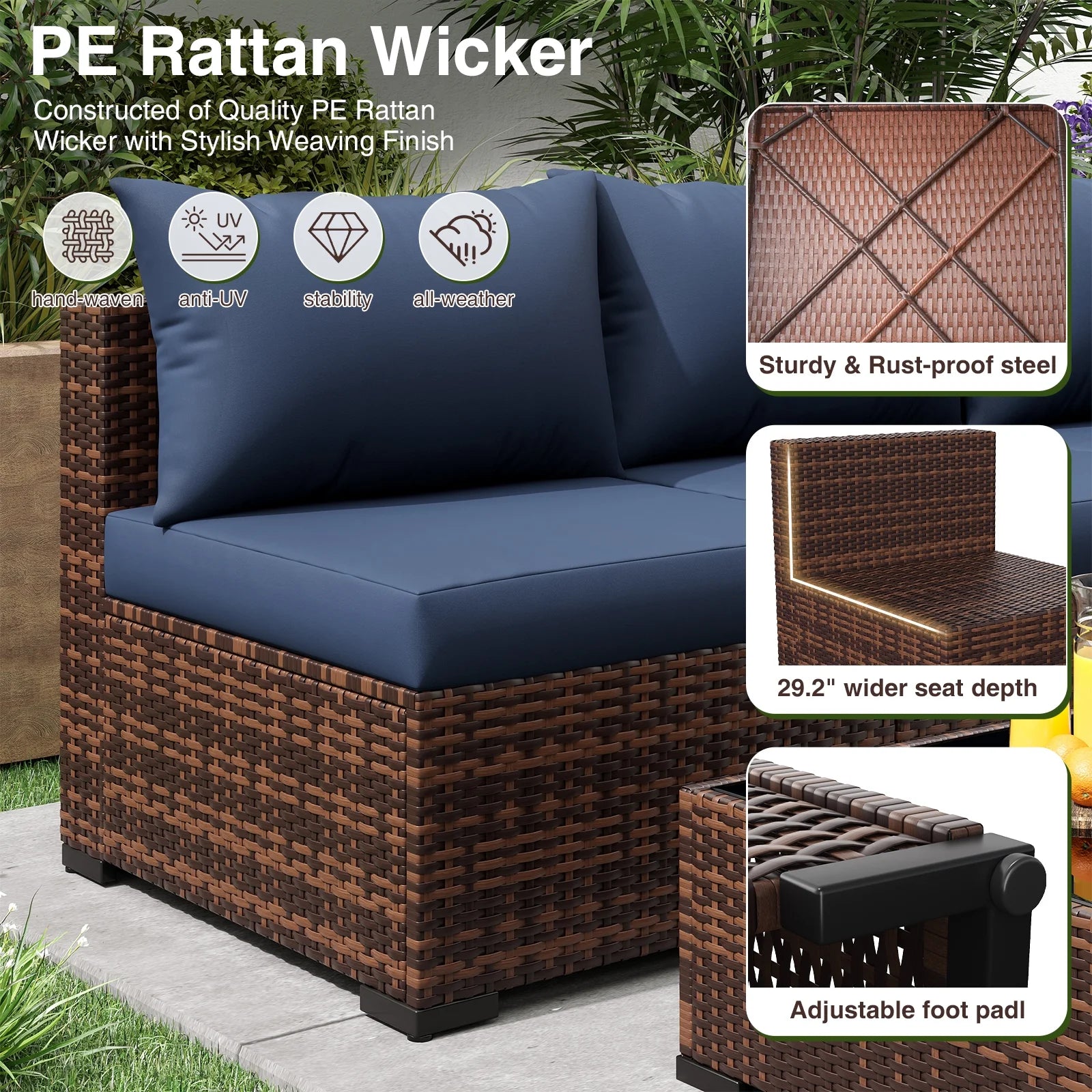 Patio Furniture Set, Outdoor Patio Furniturewicker Sectional Furniture Set, 7 Pieces Outdoor Sectional Sofa with Fire Pit Table, Outdoor Patio Furniture Set for Outdoor Furniture (Navy Blue)