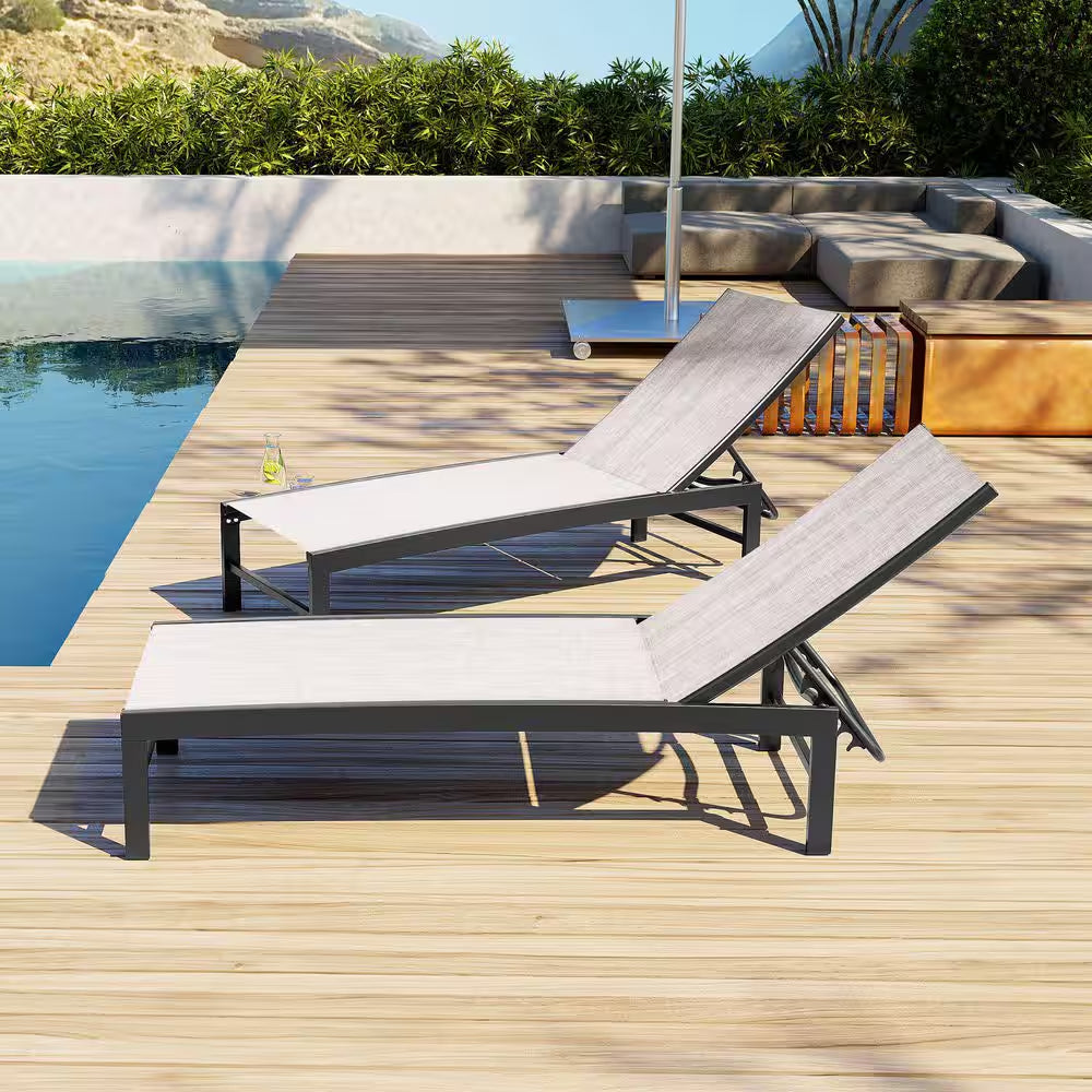 Full Flat 2-Piece Metal Adjustable Aluminum Outdoor Chaise Lounge Patio Pool Chairs in Earth