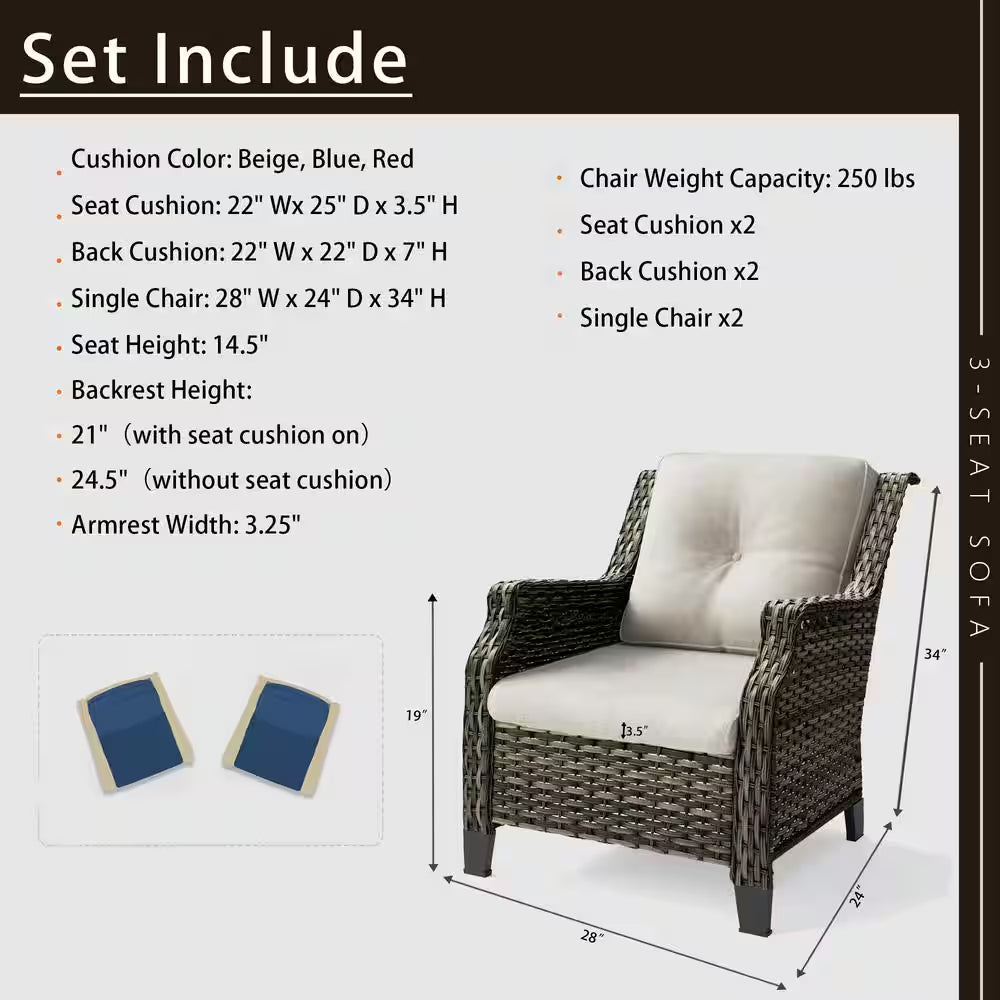 2-Piece Wicker Patio Outdoor Lounge Chair with Beige Cushions