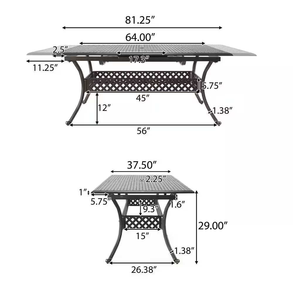 Zahra Rectangular Cast Aluminum Outdoor Patio Dining Table with Extension