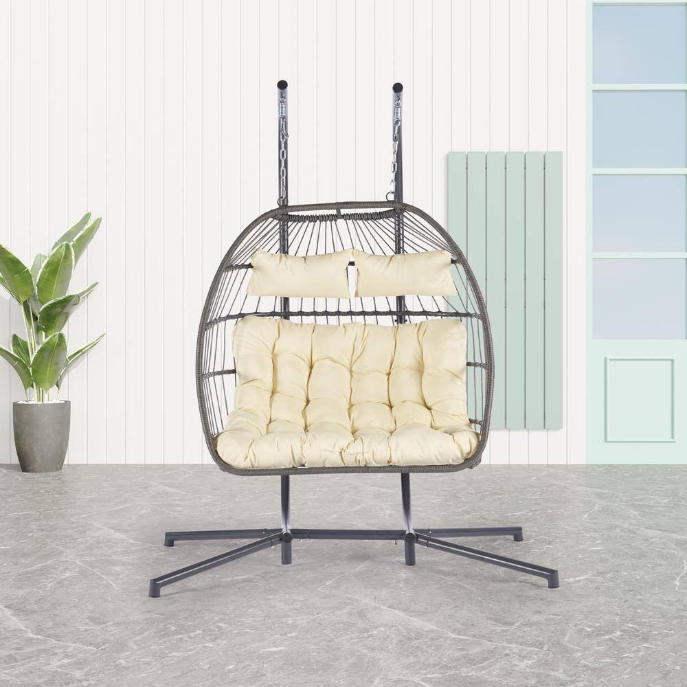 2 Person Gray Wicker Porch Egg Swing Chair with Beige Cushion and Stand