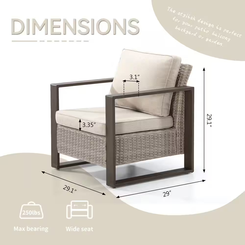 2-Piece Patio Wicker Outdoor Lounge Chair with Metal Frame and Beige Cushions
