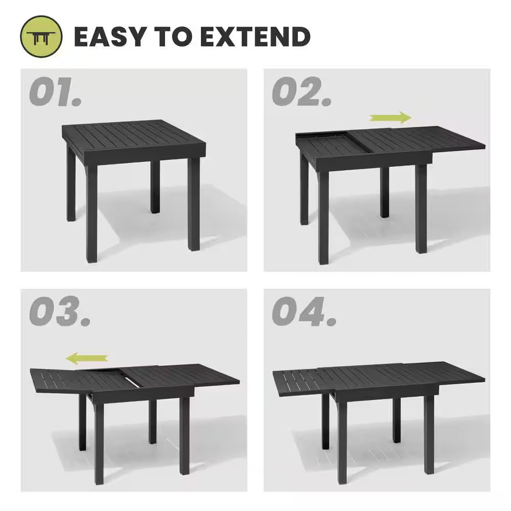 Dark Gray Rectangular Aluminum Outdoor Patio Dining Table with Extension 63 In.