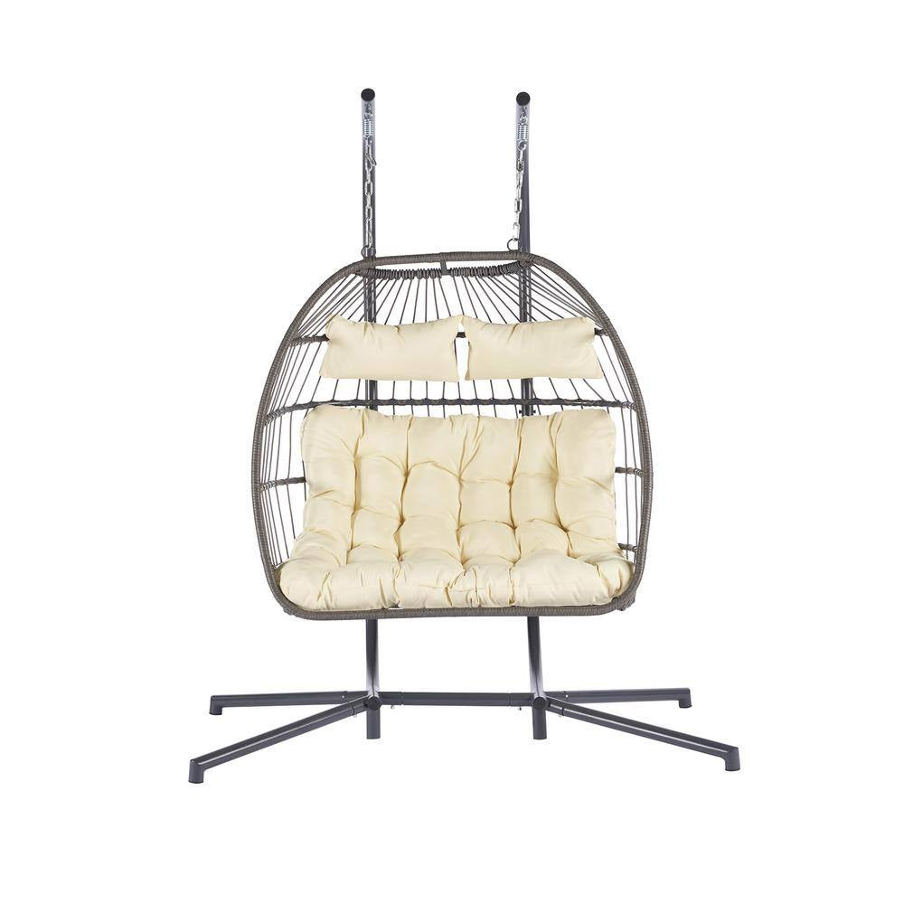 2 Person Gray Wicker Porch Egg Swing Chair with Beige Cushion and Stand