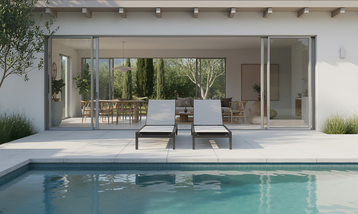 Charcoal aluminum chaise lounge with adjustable backrest and white sling fabric, positioned by a poolside patio.