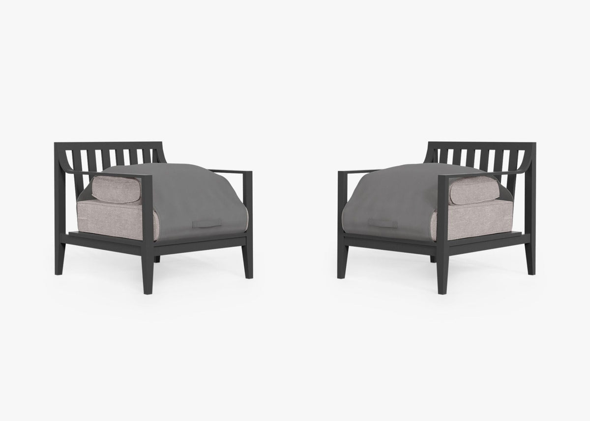 Charcoal aluminum outdoor armchair set with gray cushions, featuring a modern design and slatted backrest.