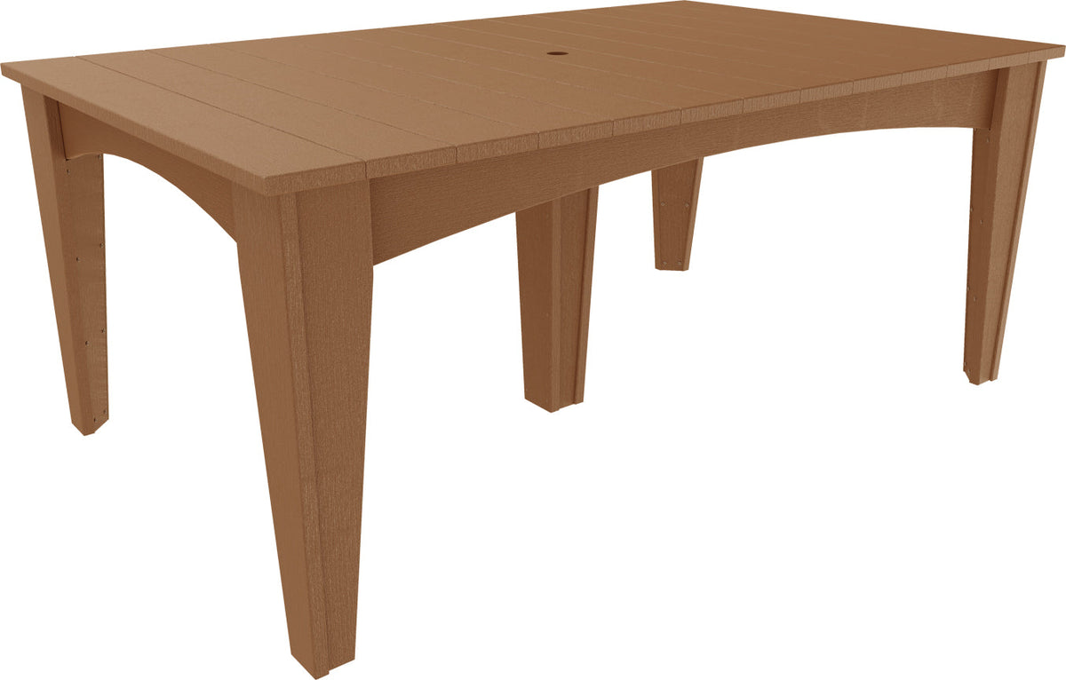 Spacious 44" x 72" island dining table made of weather-resistant poly lumber in a warm brown color with a central umbrella hole.