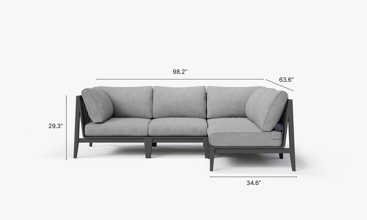 Charcoal aluminum L-shaped sectional sofa, featuring layered gray cushions and a modern design suitable for outdoor settings.