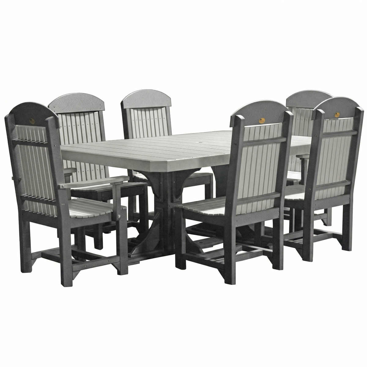 LuxCraft 4' x 6' rectangle patio dining set with six gray chairs, featuring slatted backs and a spacious tabletop.
