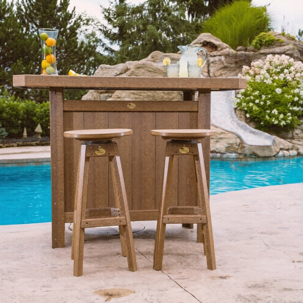 LuxCraft Poly Serving Bar Set in brown with two matching backless stools beside a pool, featuring a spacious countertop and lower shelves.