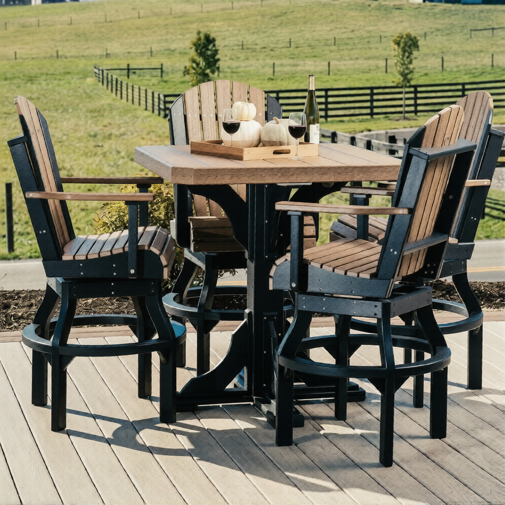 LuxCraft Deluxe Poly 41" square table set with four armchairs featuring a brown and black color scheme on a wooden deck.