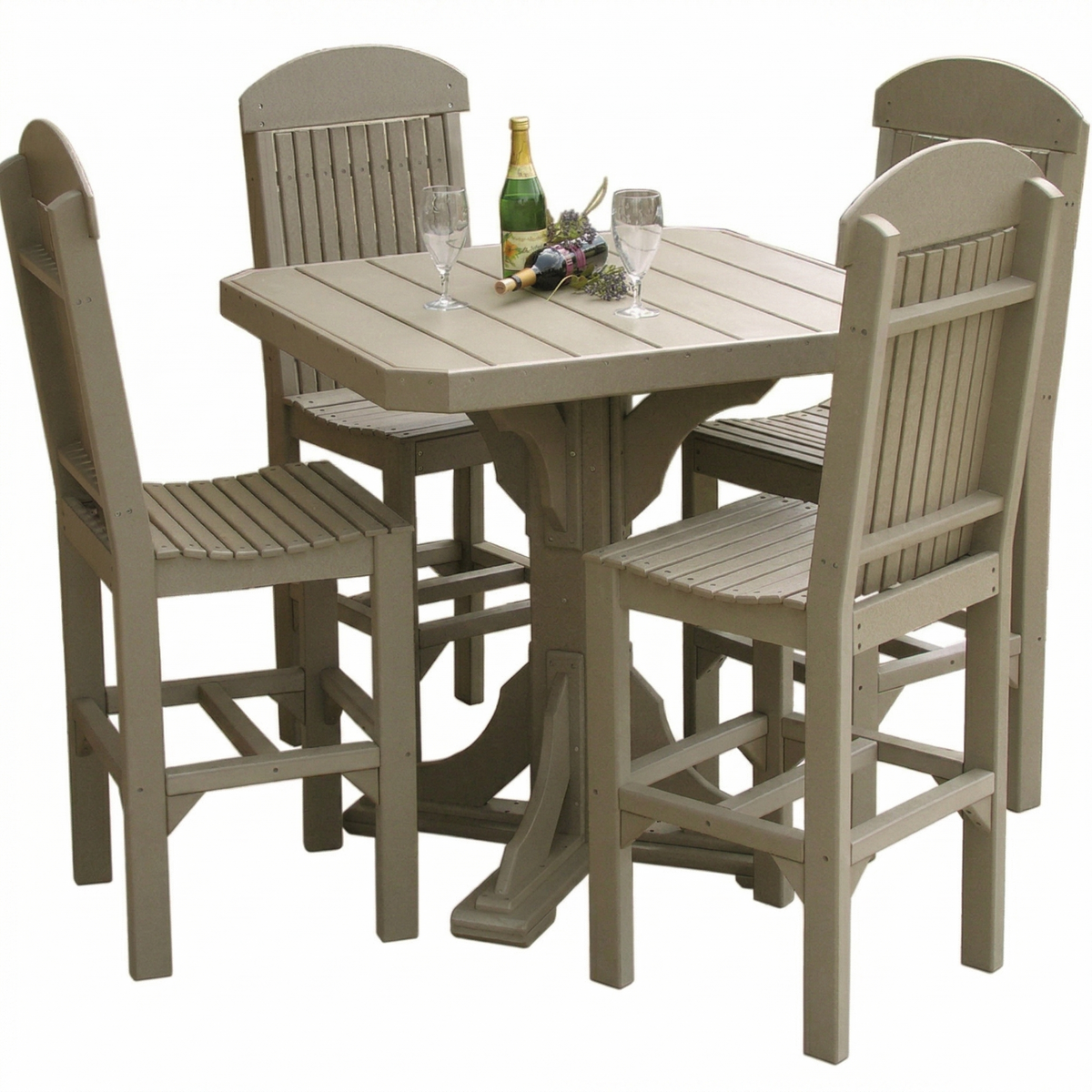 Square table set in light taupe HDPE with four matching chairs, ideal for outdoor dining, features slatted design.