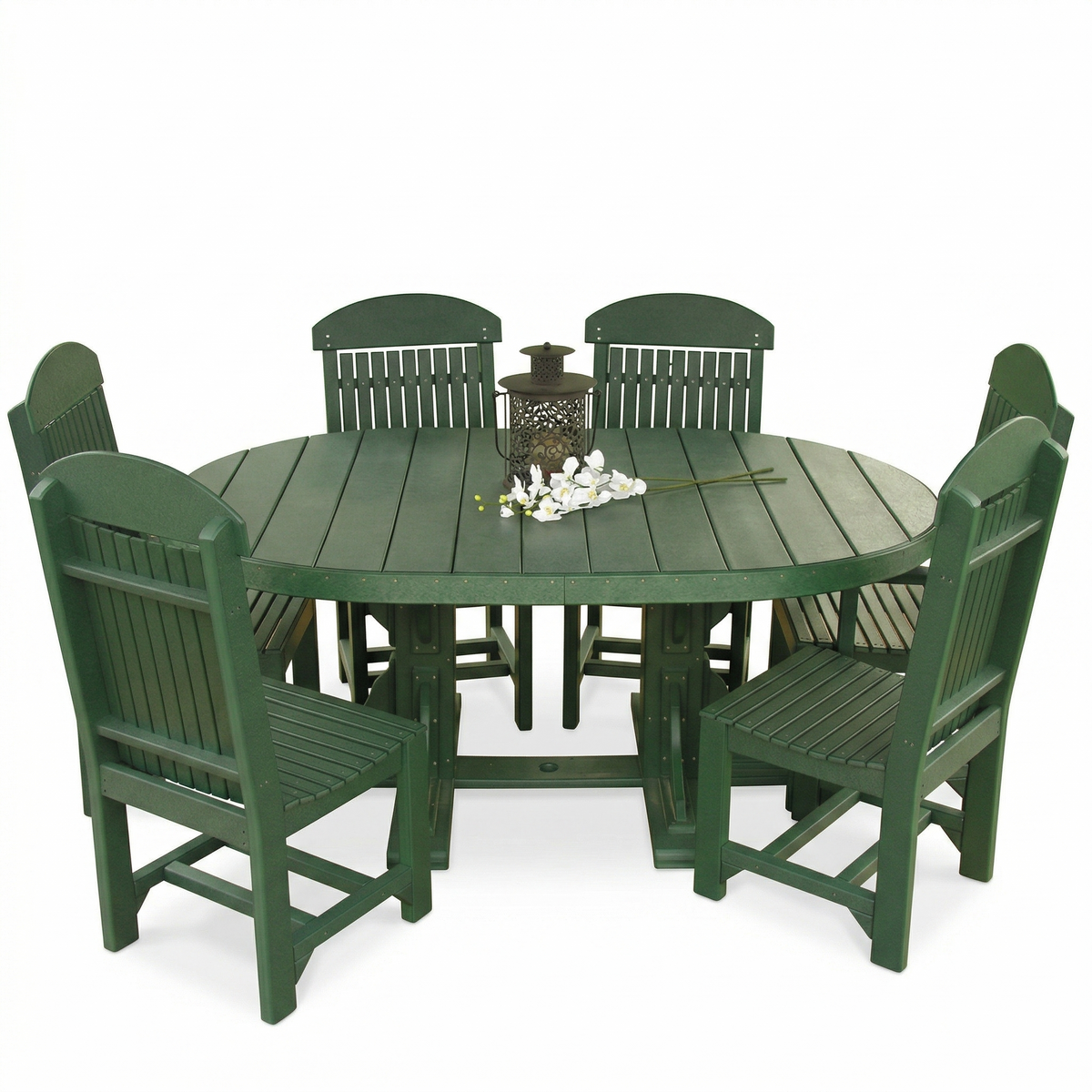 LuxCraft Deluxe Poly 4' x 6' oval dining table set in dark green, includes six matching slatted chairs and a lantern centerpiece.