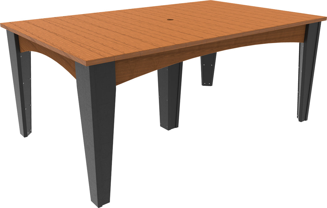 This LuxCraft 44" x 72" Island Dining Table features a weather-resistant, wood-like tabletop in a rich brown color with sturdy black legs.