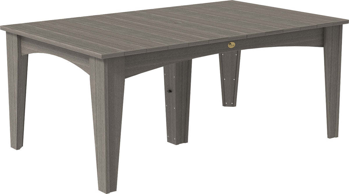 LuxCraft 44" x 72" Island Dining Table in a grey finish, featuring a slatted top and sturdy legs with a center umbrella hole.