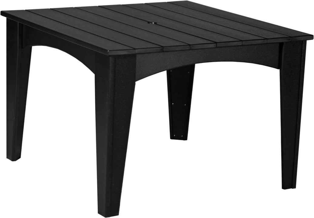LuxCraft 44" round dining table in black poly lumber with slatted top and built-in umbrella hole, suitable for outdoor use.