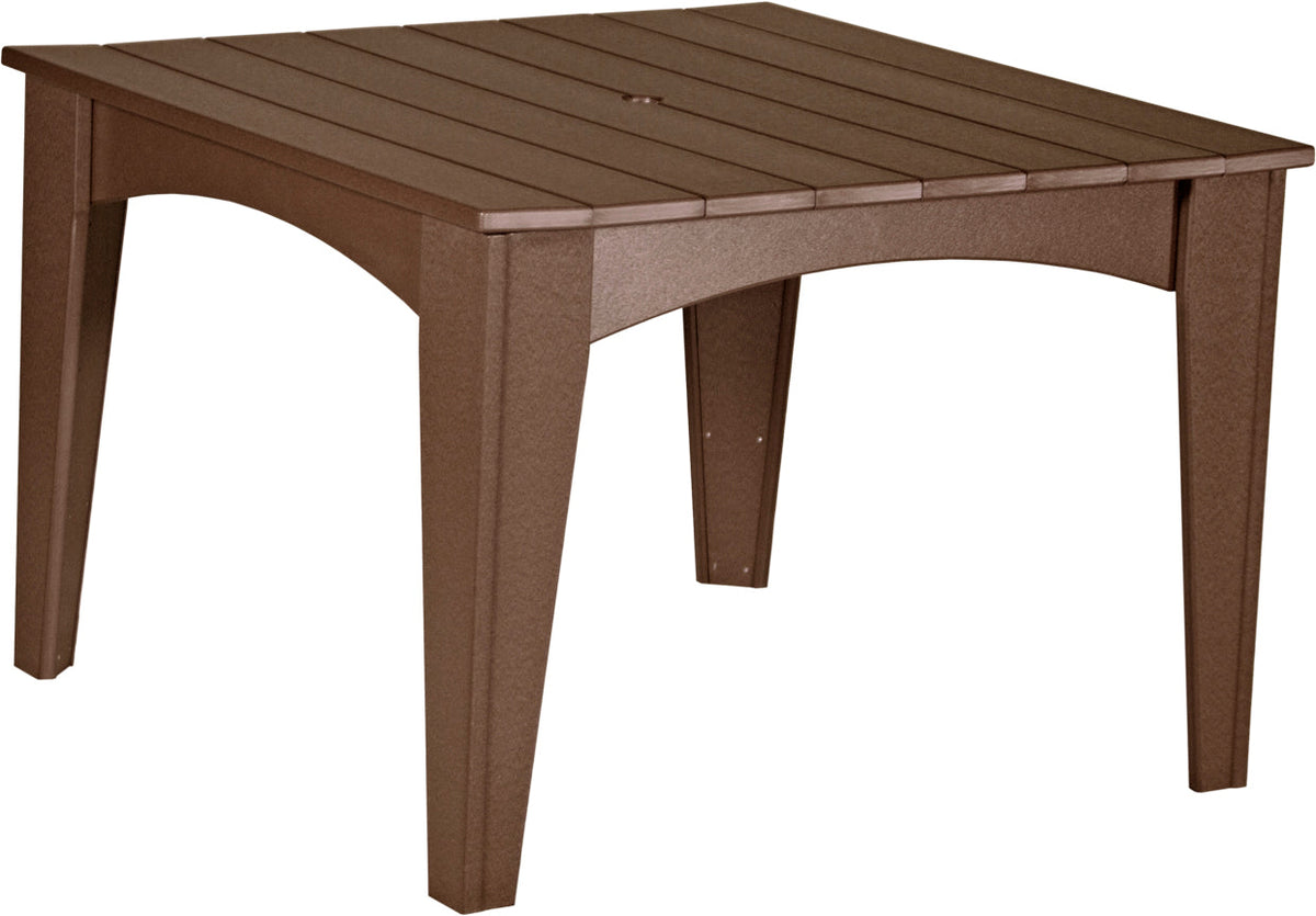 44" round patio dining table in a brown HDPE poly lumber finish with slatted top and center umbrella hole.