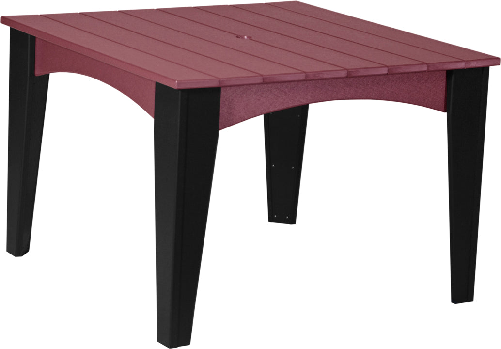 44" round dining table with a smooth burgundy top and black legs, featuring a center umbrella hole for added shade.