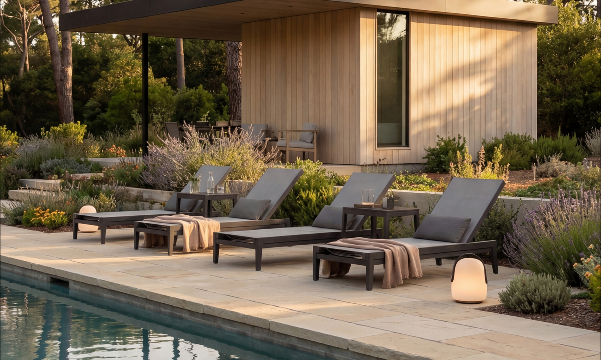 Aluminum Outdoor Infinity Chaise Lounge with a sleek gray sling, adjustable backrest, and decorative blanket draped over the side.