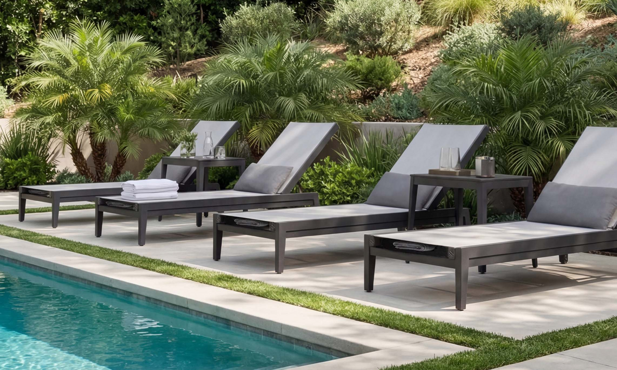 Aluminum Outdoor Infinity Chaise Lounge with grey sling fabric, sleek frame, and adjustable reclining backrest by a pool.