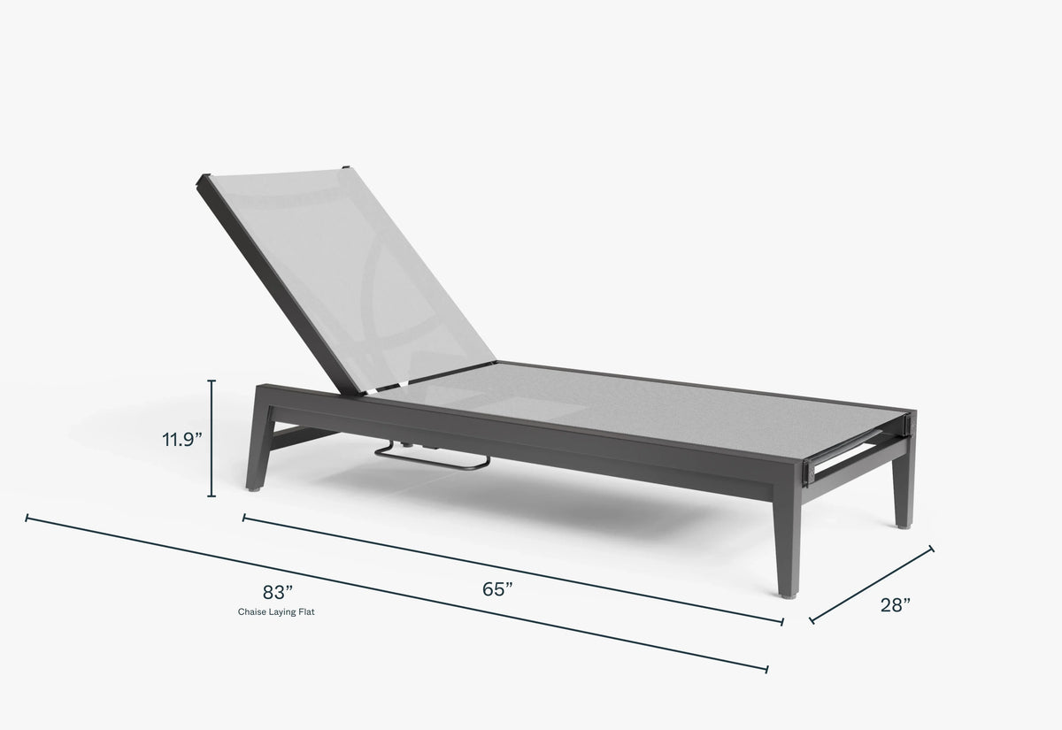 Aluminum Outdoor Infinity Chaise Lounge in sleek gray features a mesh sling surface and adjustable reclining backrest.