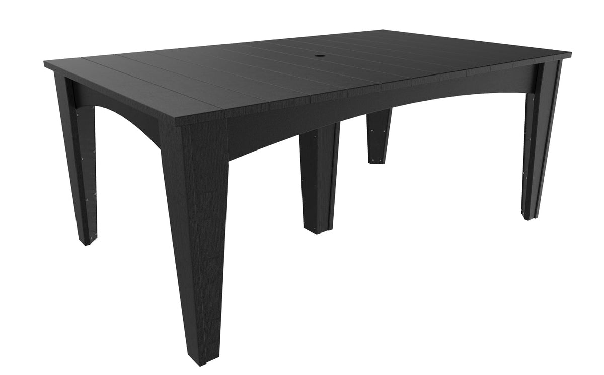 Spacious black 44" x 72" island dining table with a smooth surface and built-in umbrella hole, designed for six people.