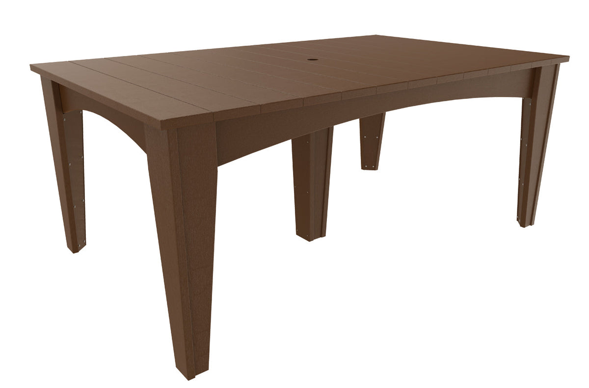 LuxCraft 44" x 72" Island Dining Table in brown, featuring a spacious surface with subtle slats and an umbrella hole.