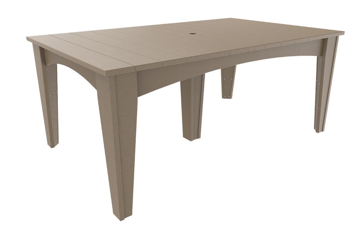 Rectangular, 44" x 72" LuxCraft Island Dining Table featuring a light brown poly lumber finish with a built-in umbrella hole.