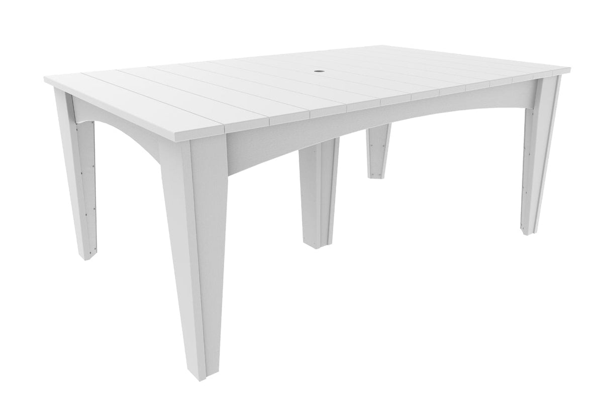 LuxCraft 44" x 72" white island dining table with a smooth surface and built-in umbrella hole, designed for six adults.
