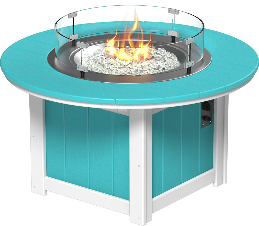 Rectangular fire pit table with a vibrant turquoise surface, stainless steel burner, and glass wind guard, designed for outdoor use.