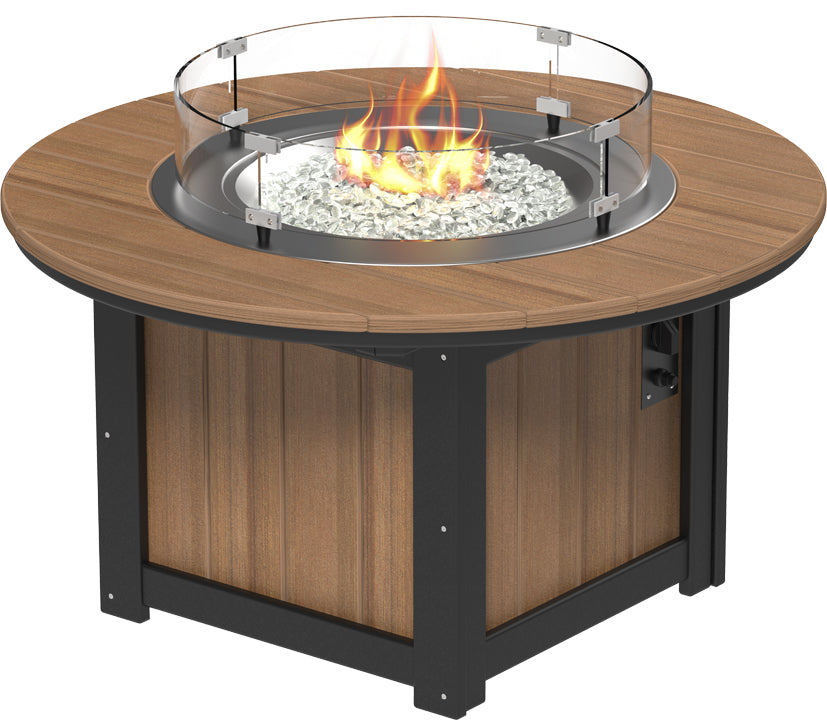 Rectangular fire pit table with a wooden top, stainless steel burner, and clear glass wind guard, ideal for outdoor gatherings.