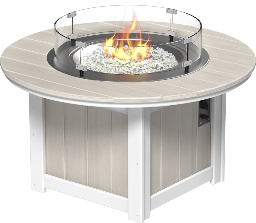 LuxCraft Lumin 46" rectangular fire pit table with a round glass wind guard and clear fire glass gems, featuring a beige HDPE top.