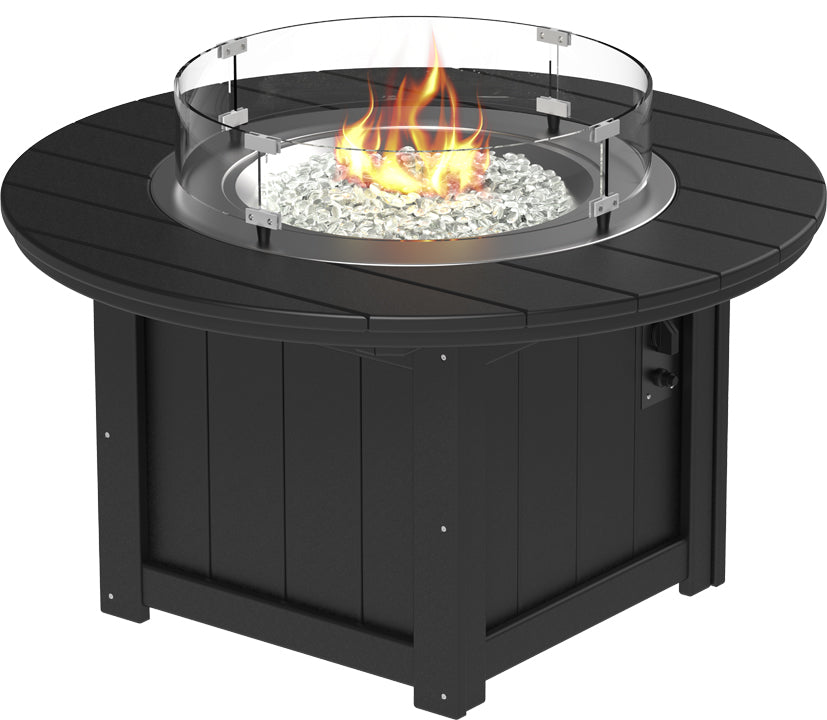 LuxCraft Lumin 46" Rectangular Fire Pit Table in black, featuring a circular glass wind guard and flame with reflective glass gems.