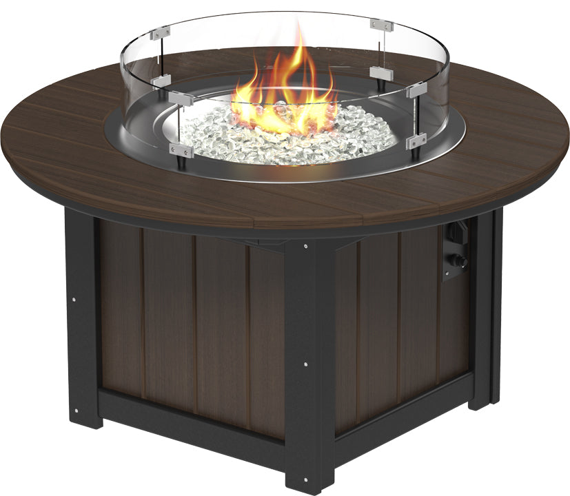 Rectangular 46" LuxCraft Lumin fire pit table featuring a dark wood top, stainless steel burner, and clear glass wind guard.