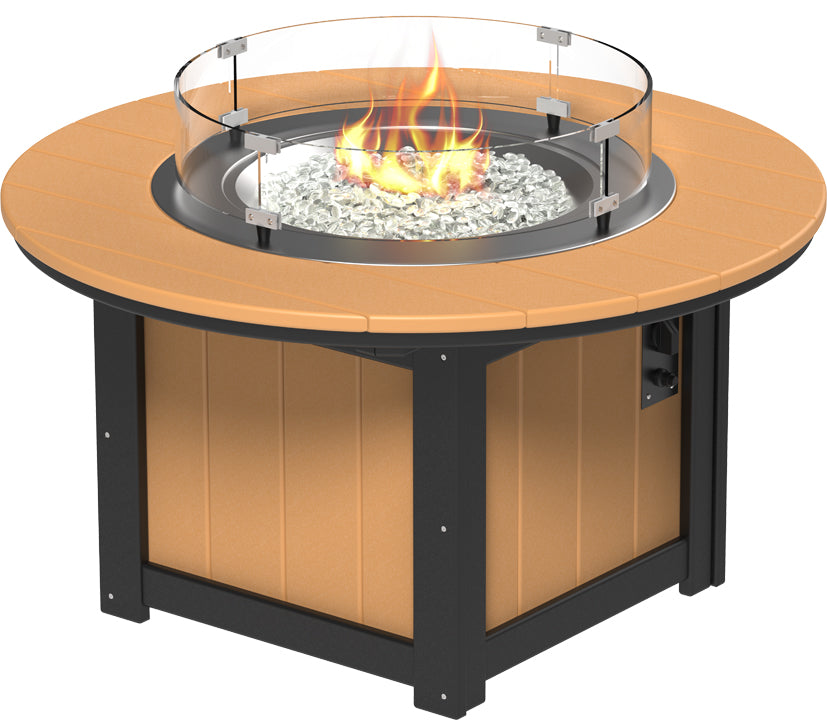 46" rectangular fire pit table with a sturdy poly lumber frame in tan and black, featuring a glass wind guard and reflective fire gems.
