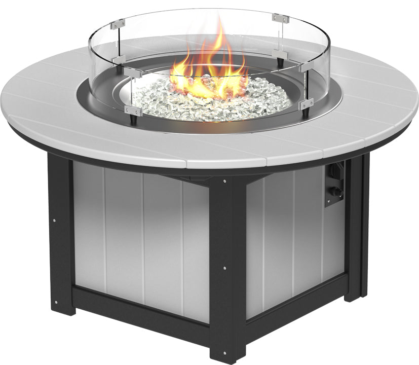 Rectangular fire pit table with a stainless steel burner, surrounded by clear glass, and a modern two-tone design.