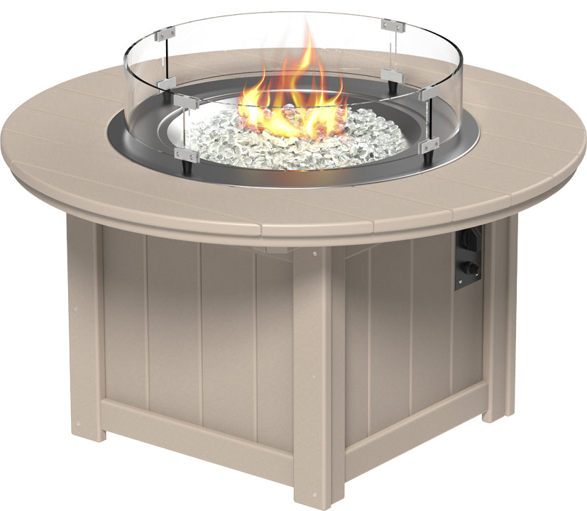 Rectangular fire pit table in light beige HDPE material, features a stainless steel burner, glass wind guard, and fire glass gems.