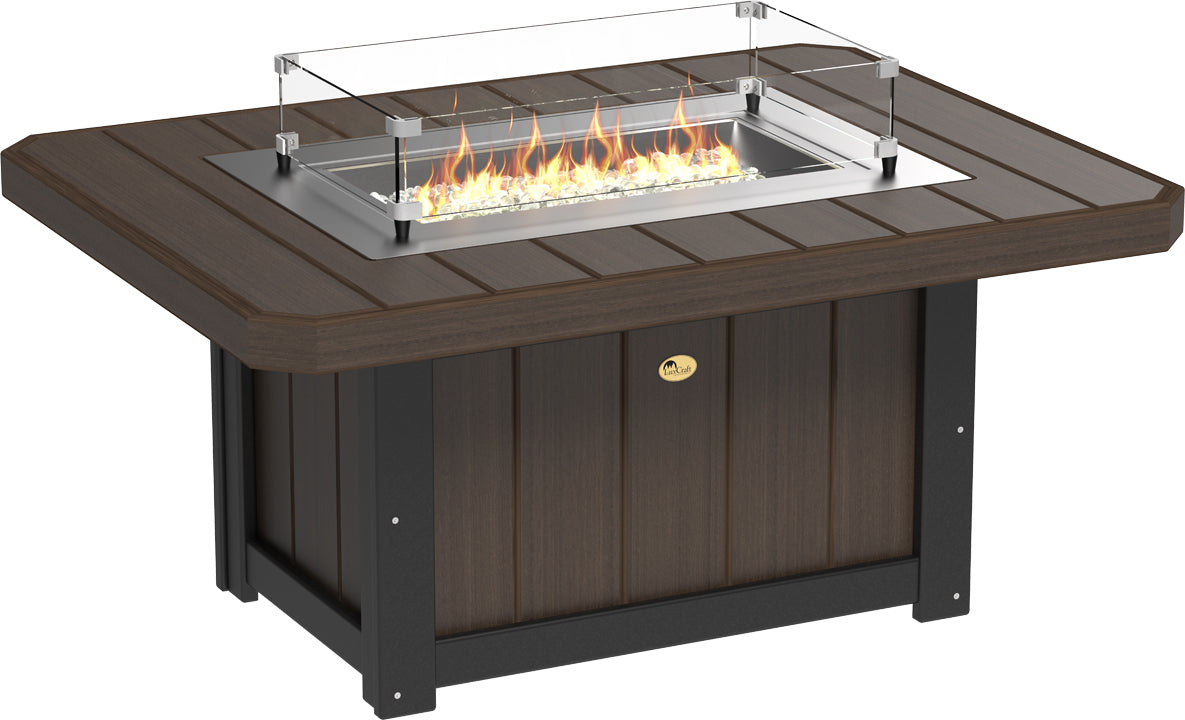 Rectangular, dark brown LuxCraft Lumin 51" Fire Pit Table featuring a stainless steel burner surrounded by glass wind guard.